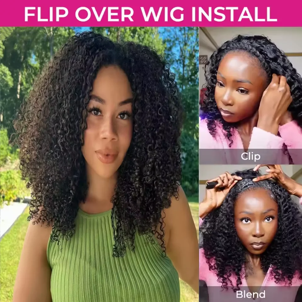 

С шнурком Бесшовные зажимы Flip Over Kinky Curly Wig Upgrade 3 IN 1 Полупарик 200% Плотность Вьющиеся полупарики для женских волос