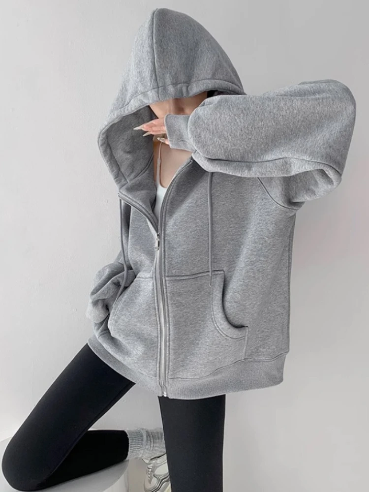 เสื้อคาร์ดิแกนแบบมีฮู้ดสีเทาสำหรับผู้หญิง แขนยาว สไตล์ลำลอง แจ็คเก็ตสปอร์ต แฟชั่นฤดูใบไม้ร่วงและฤดูหนาว ใช้งานได้หลากหลาย