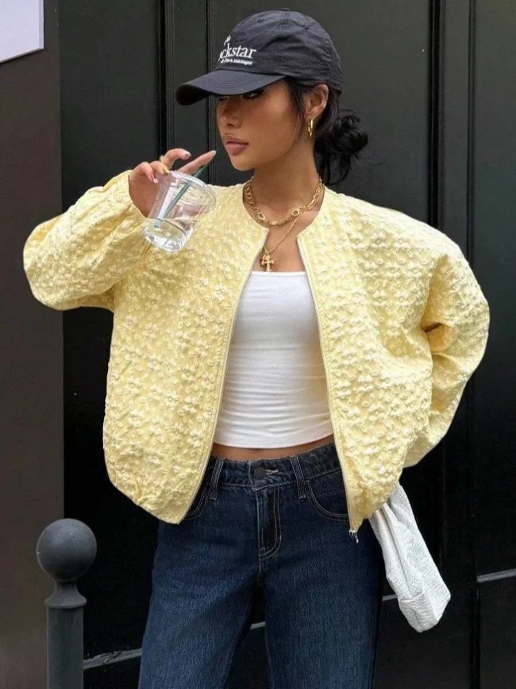 

Women Casual Yellow Jacquard Jacket Fashion Round Neck Zipper Maxi Sleeve Loose Cropped Coat Lady High Street Daily Outerwear