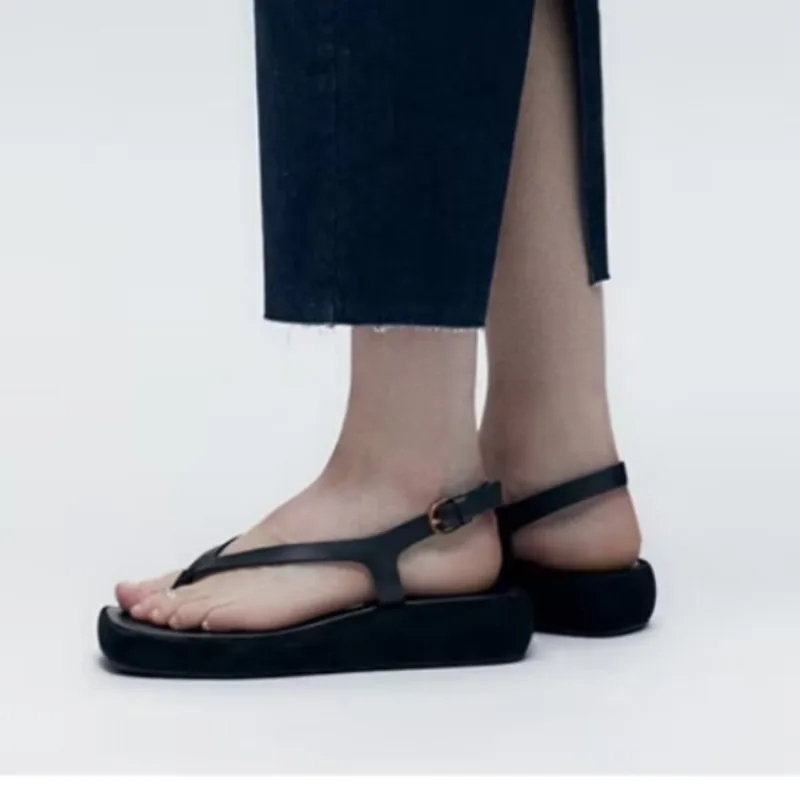 Summer Pinch Slippers Sandals Women Shoes Fashion Open Toe Buckle Strap Soft Leather Flip-flops Women Wedge Shoes Beach Sandals