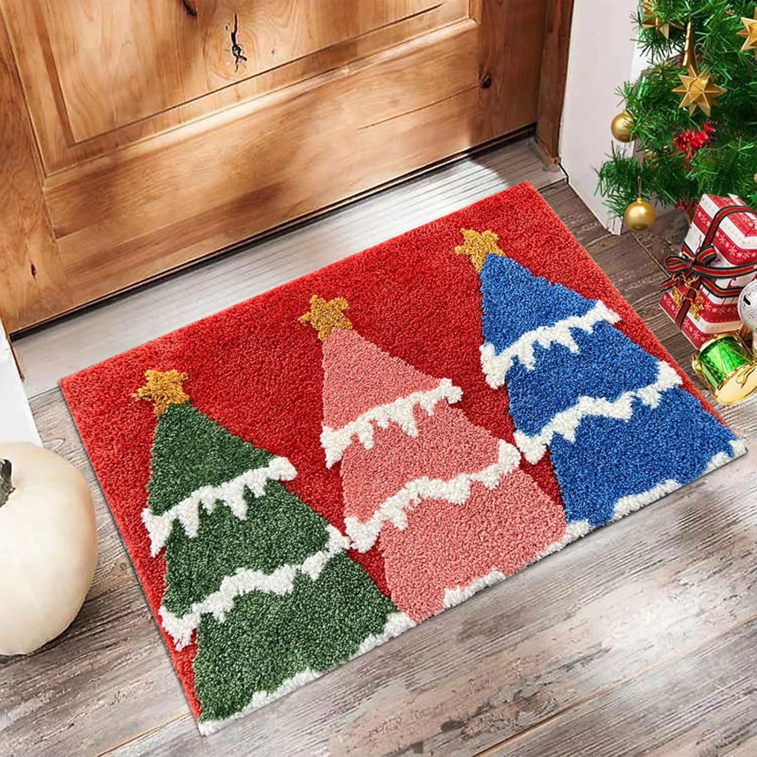Holiday Christmas Rug Santa Claus Reindeer Sleigh Faux 3D Printed Non Slip Door Mat Indoor Entryway Party Home Decor Carpet