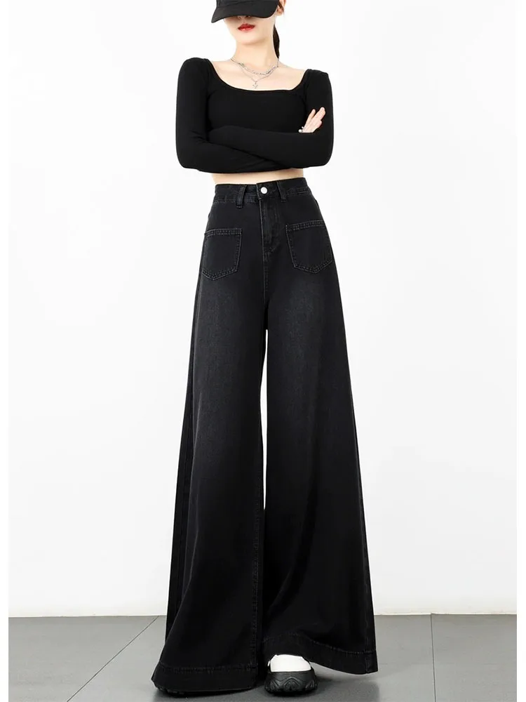 Hochwertige Hose mit weitem Bein schwarz hohe Taille Jeans in voller Länge einfache lässige Cyber-HipHop-Jeans hose koreanische Mode Gothic