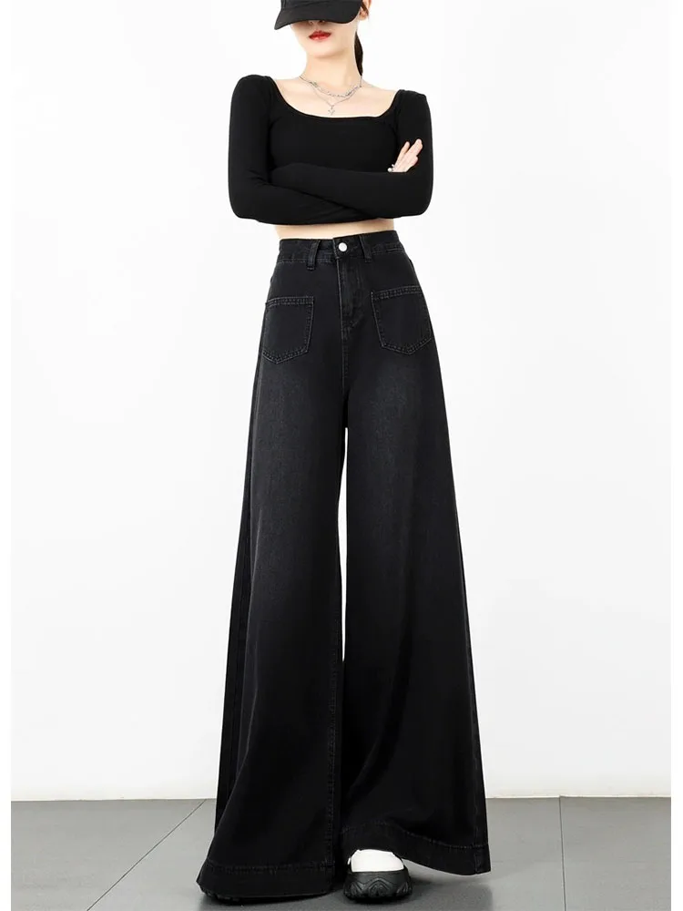 High Quality Wide Leg Pants Black High Waist Full Length Jeans Simple Casual Cyber Hiphop Denim Trousers Korean Fashion Gothic