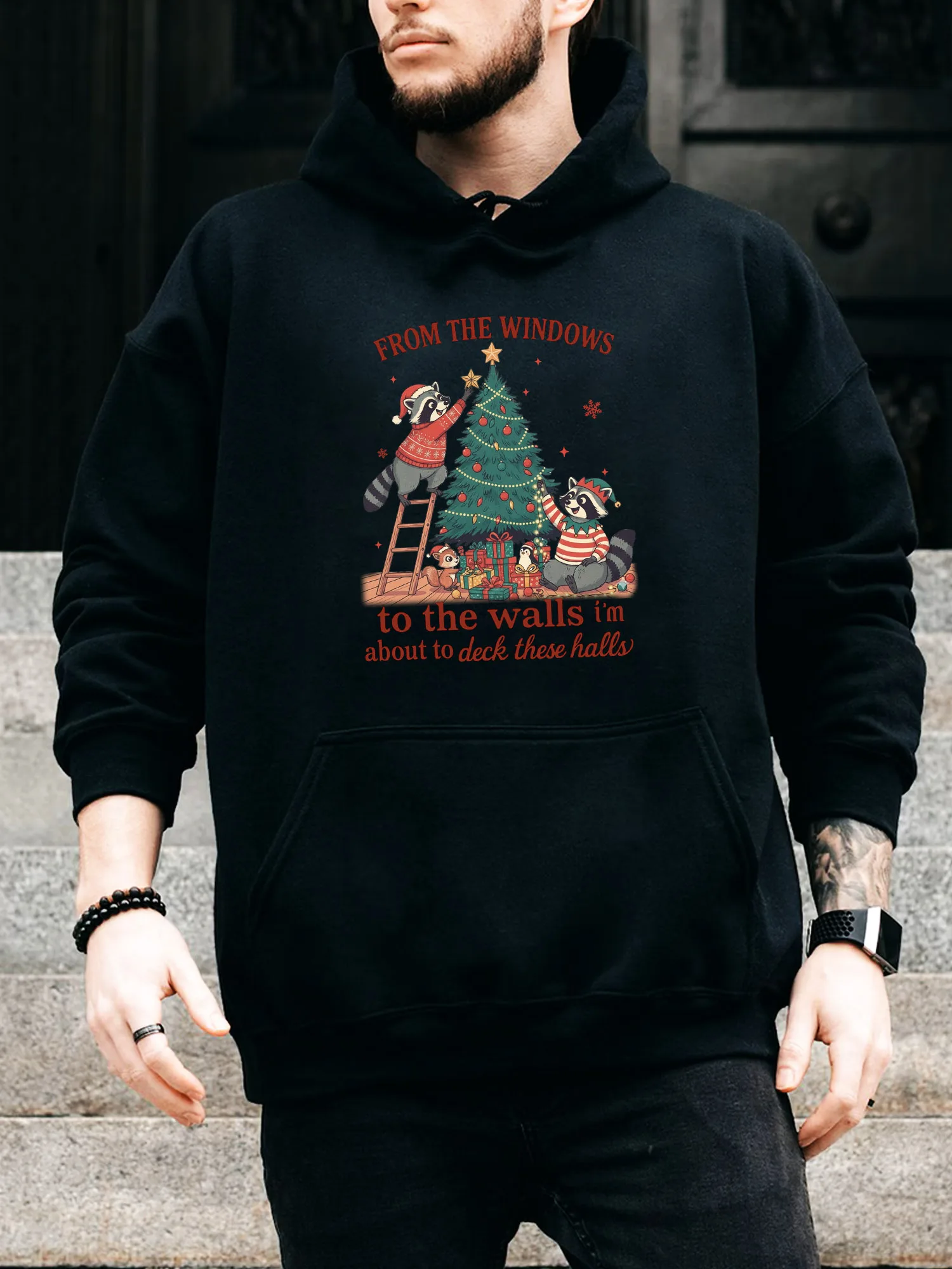 سترة بقلنسوة برباط للرجال من Deck the Halls - بلوفر أسود مريح كاجوال، سترة بغطاء للرأس للخريف والشتاء #1