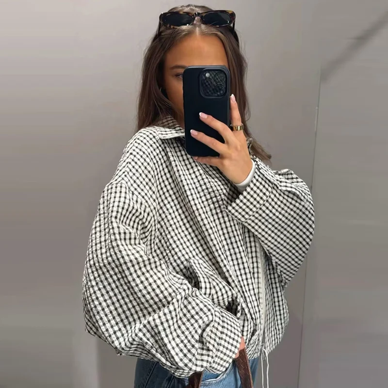 HXAO Plaid Bomber Jacket Women's Jacket Spring Autumn 2026 Crop Oversized Long Sleeve Top Casual Zipper Outerwear Outdoor Coats image 6