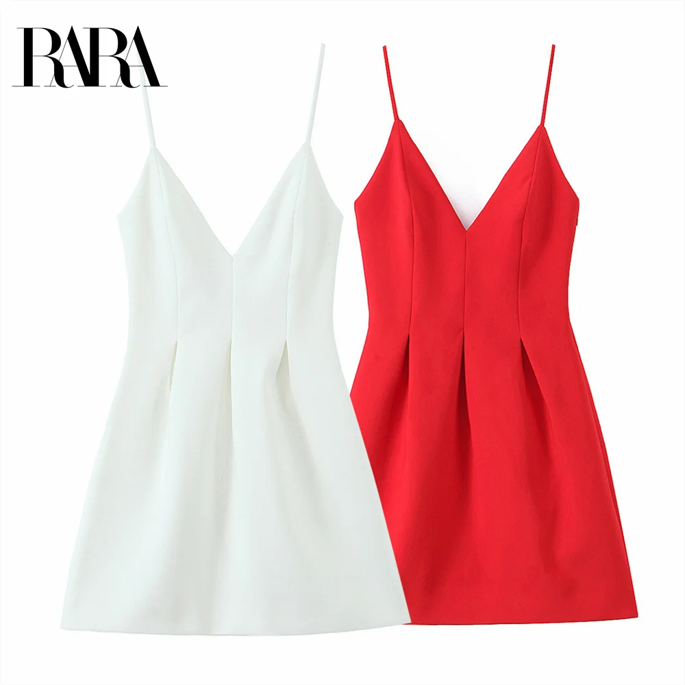 

2025 RARA Women's Spaghetti - strap V - neck Mini Dresses in Elegant White and Fiery Red for a Charming and Stylish Look