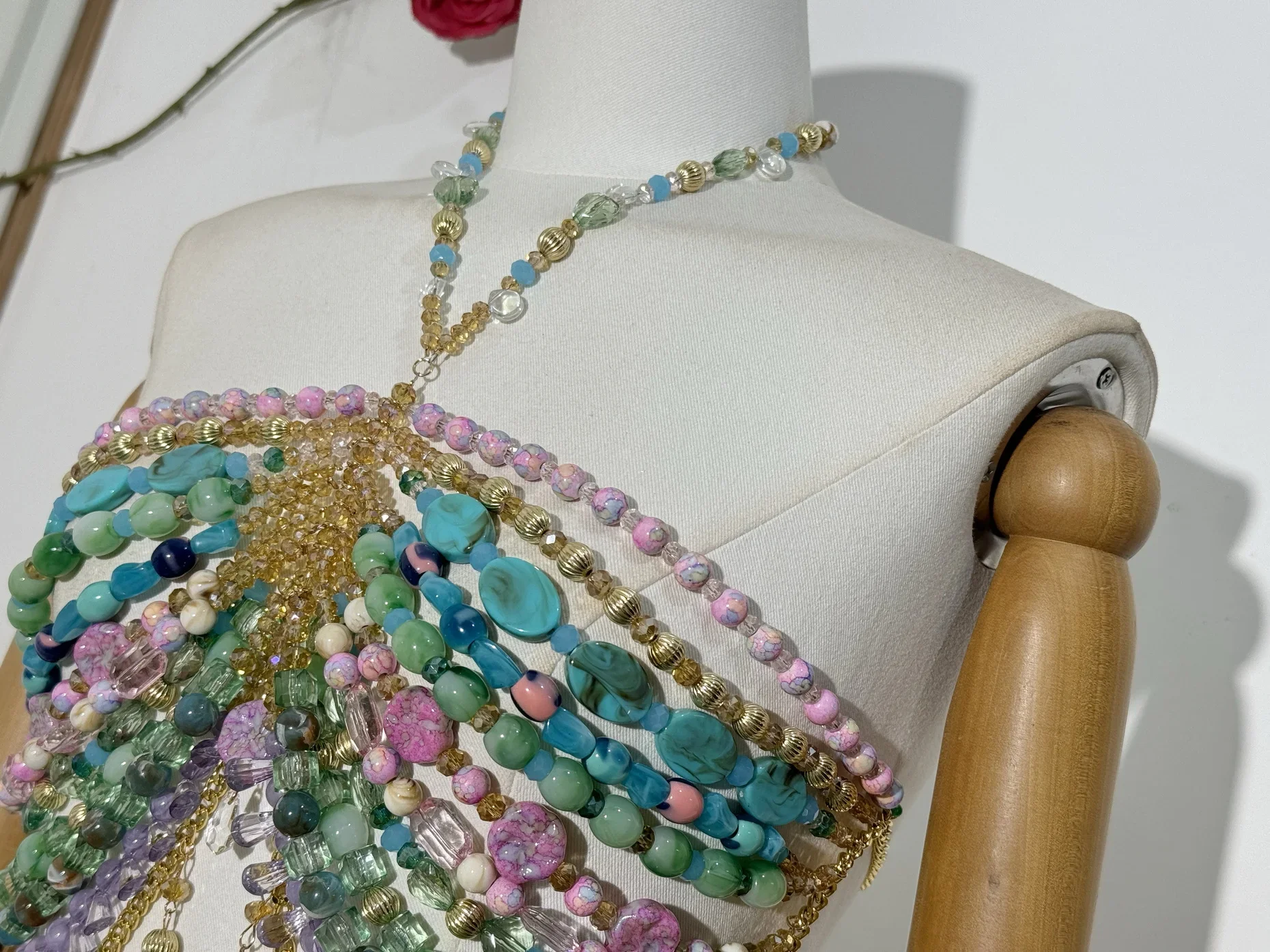 Hot Sexy Women Handmade Turquoise Lavender Multi Stone Bead Body Chain Bikini Bra Hlater Romantic Tank Top Beachwear Lingeie