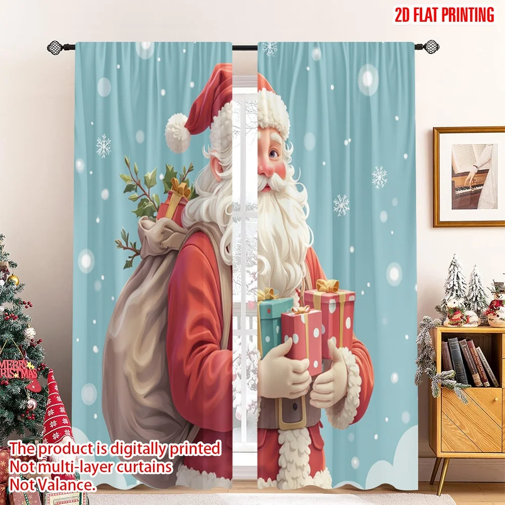 

2pcs 2D flat printing Merry Christmas Popular Window Curtains Santa Claus Watercolor 100% Polyester Fabric Without Electricity
