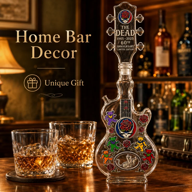 Grateful Dead Guitar Shaped Whiskey Decanter Glass Liquor Bottle Dancing Bear Skull Rose Pattern Rock Band Themed Spirits Carafe