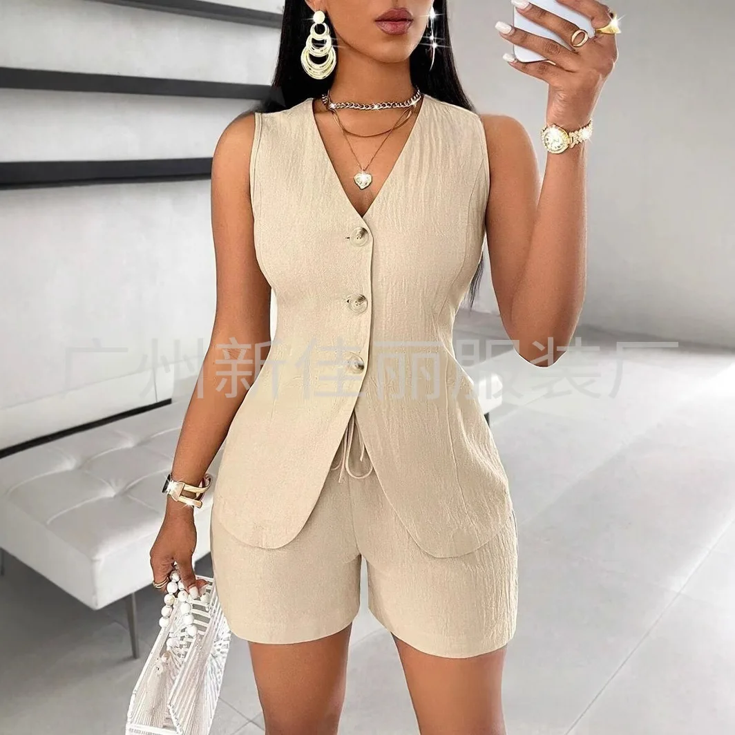 

2026 женский офисный тонкий костюм в деловом стиле, однобортный однобортный однотонный топ без рукавов с v-образным вырезом, шорты на шнурке, комплект из двух предметов