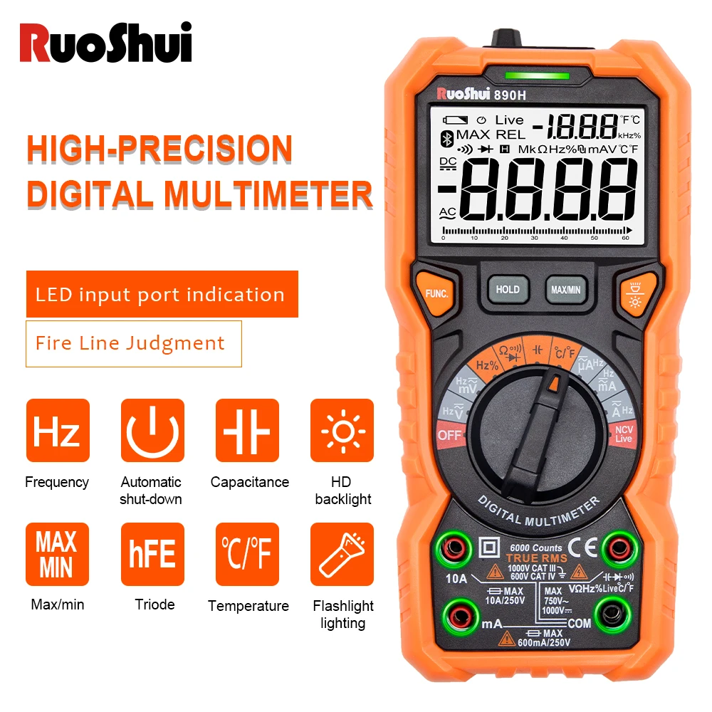 

RuoShui 890H Digital Multimeter Auto Range NCV Hz Ture RMS Meter AC/DC 6000 Counts Professional High Precise Multimetro Testers