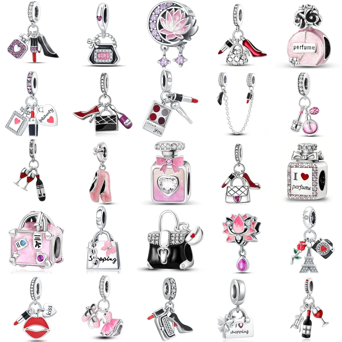 Exquisite 925 Silver Charm Beads perfume Lipstick High Heel Shoes Bag Pendant Fit Bracelet DIY Fashion Jewelry Accessories