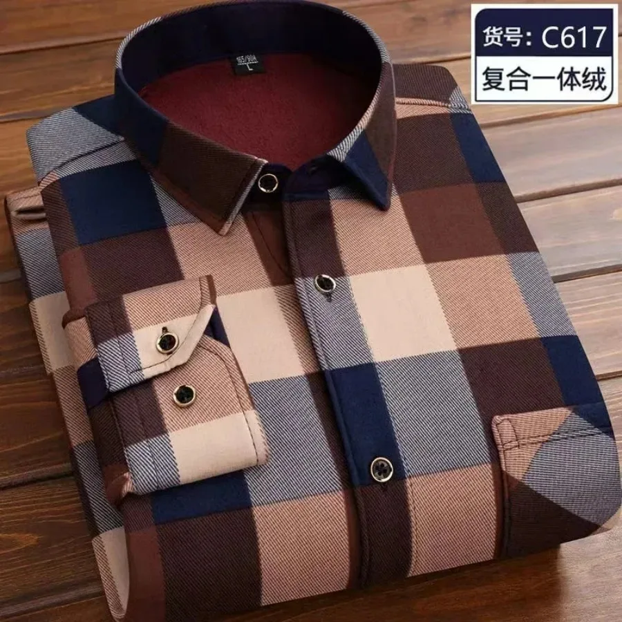 2024 Autumn Winter Men's Fleece Warm Long Sleeve Shirt Vintage Plaid Print High Quality Casual Shirts Men Versatile Thick Blouse