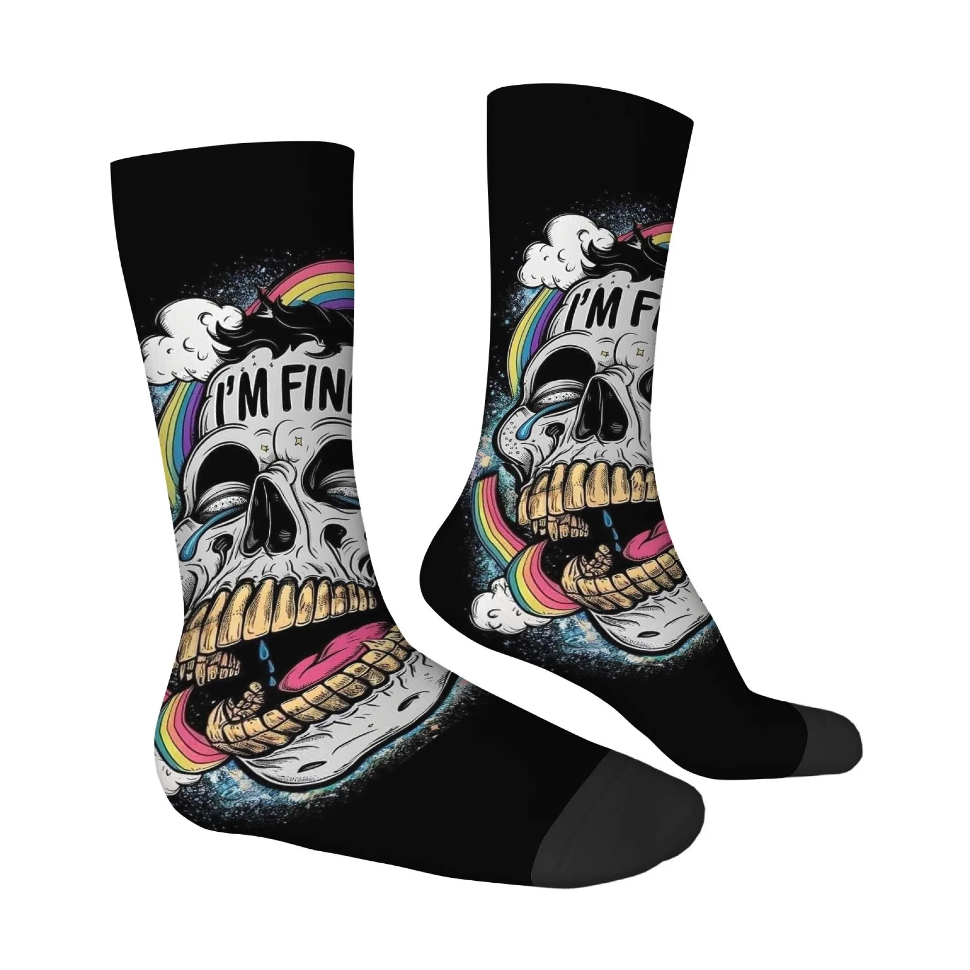 

Темные теплые исцеляющие стильные мужские носки до середины икры с принтом «Сразрывной черепа, я в порядке», эмоциональные модные персонализированные носки с надписью, повседневная одежда