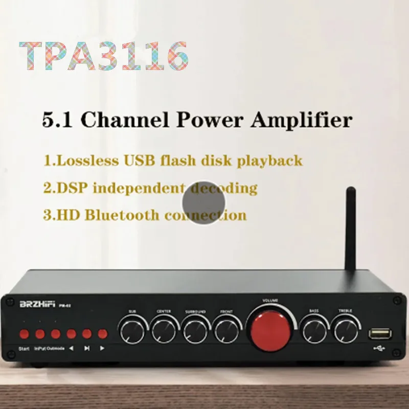 

DC24V Bluetooth 5.0 TPA3116 5.1 Channel Home Theater Subwoofer Audio Amplifier Aptx-HD LDAC USB Player DSP Decoding