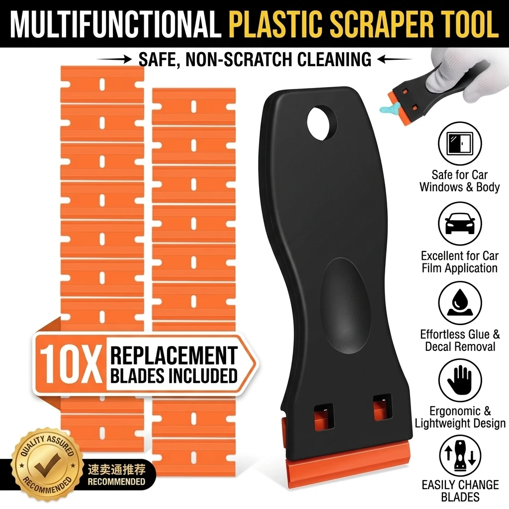 Glue Removal Scraper Multifunctional Plastic Razor Scraper Tool For Car Film Application Glass Paint Cleaning 1 Pc/10 Blades