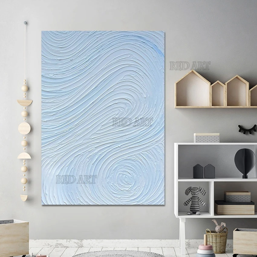 100% Hand Painted Blue Abstract Acrylic Texture Unframed Thick Lines Oil Painting Art Canvas Pieces Nordic Wall Poster Artwork