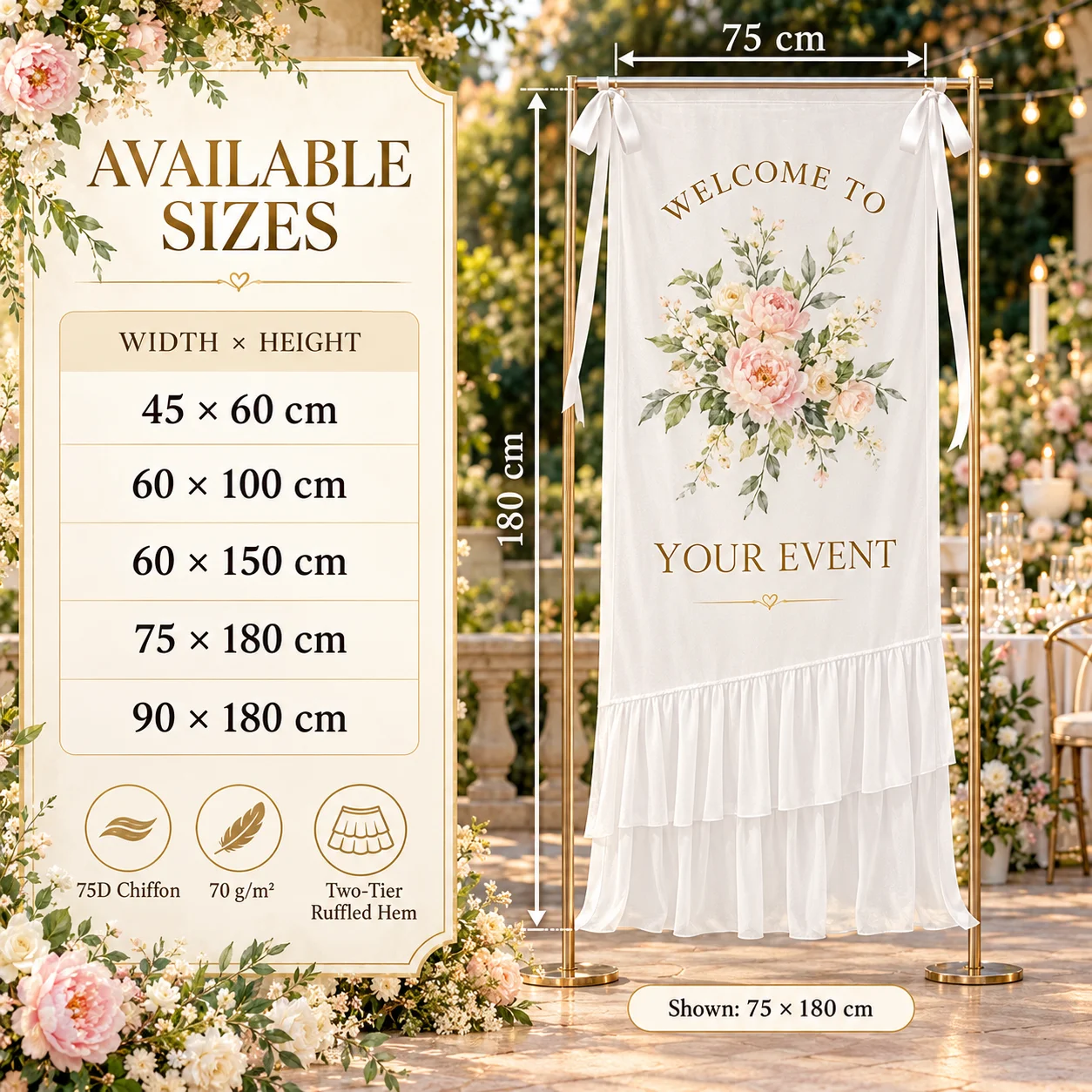 Custom Welcome Banner with Ribbon Ties and Hanging Holes Double Layer Trailing Hem Fabric Sign for Wedding Events Multiple Size
