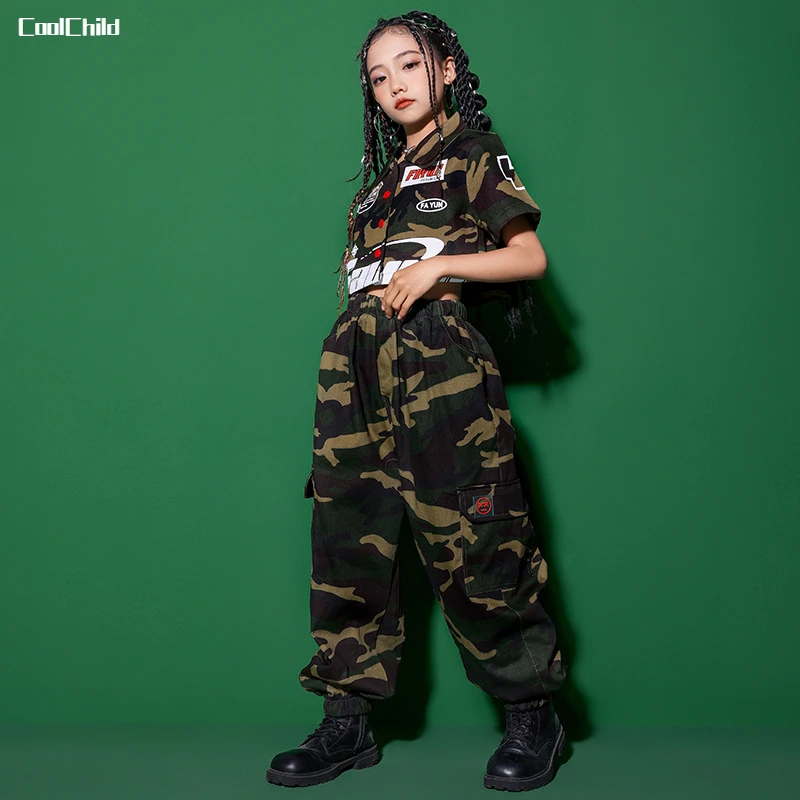 Hip Hop Girls Crop Short Sleeved Jacket Street Dance Camouflage Pants Child Military Streetwear Joggers Kids Jazz Clothes Sets