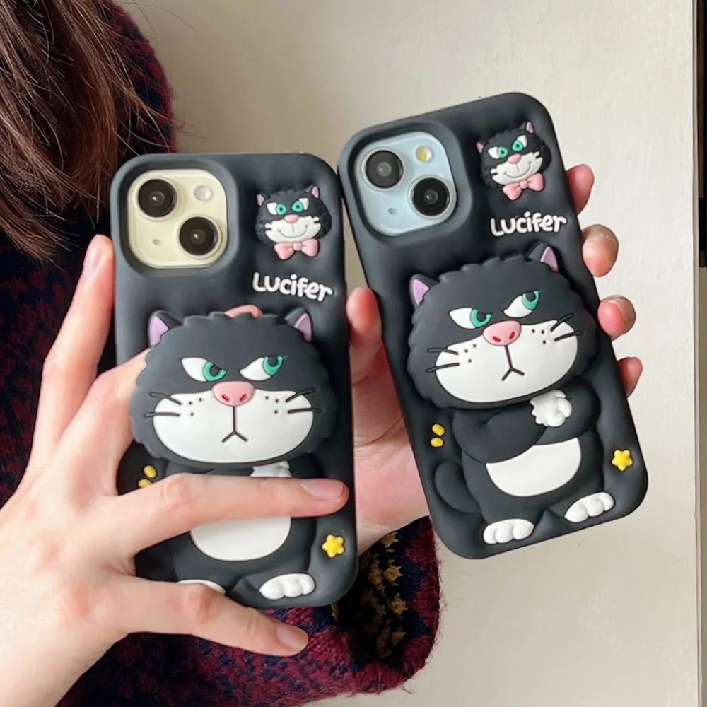 3D Stereoscopic Cartoon Lucifers Stand Holder Phone Case for iPhone 15 14 13 16 Pro Max Silicone Soft Anti-fall Back Cover