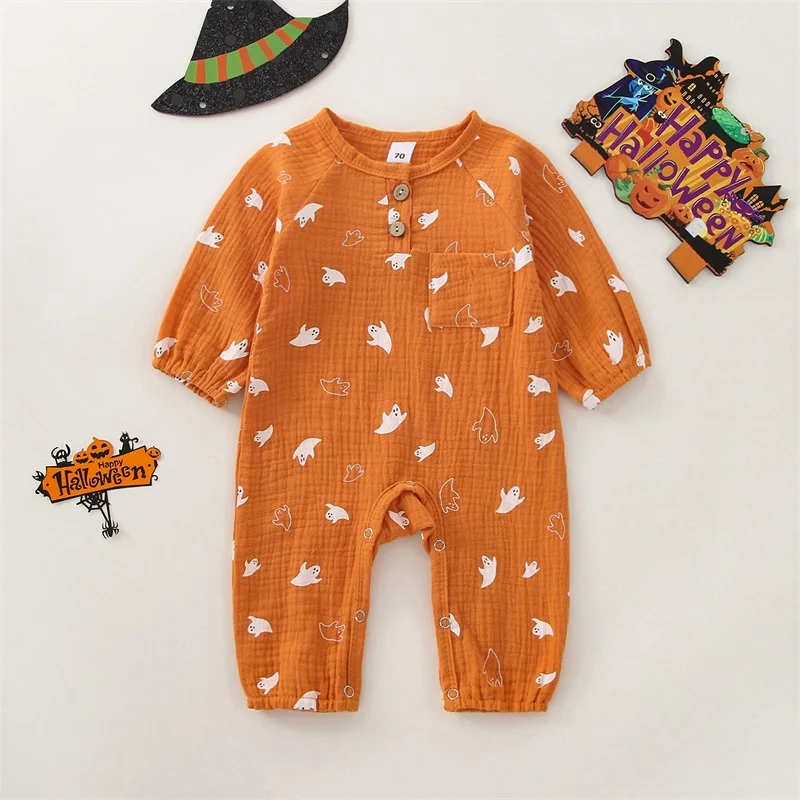 

Infant Girls Halloween Cute Romper with Spooky Ghost and Pumpkin Print Long Sleeve O Neck Button Jumpsuit