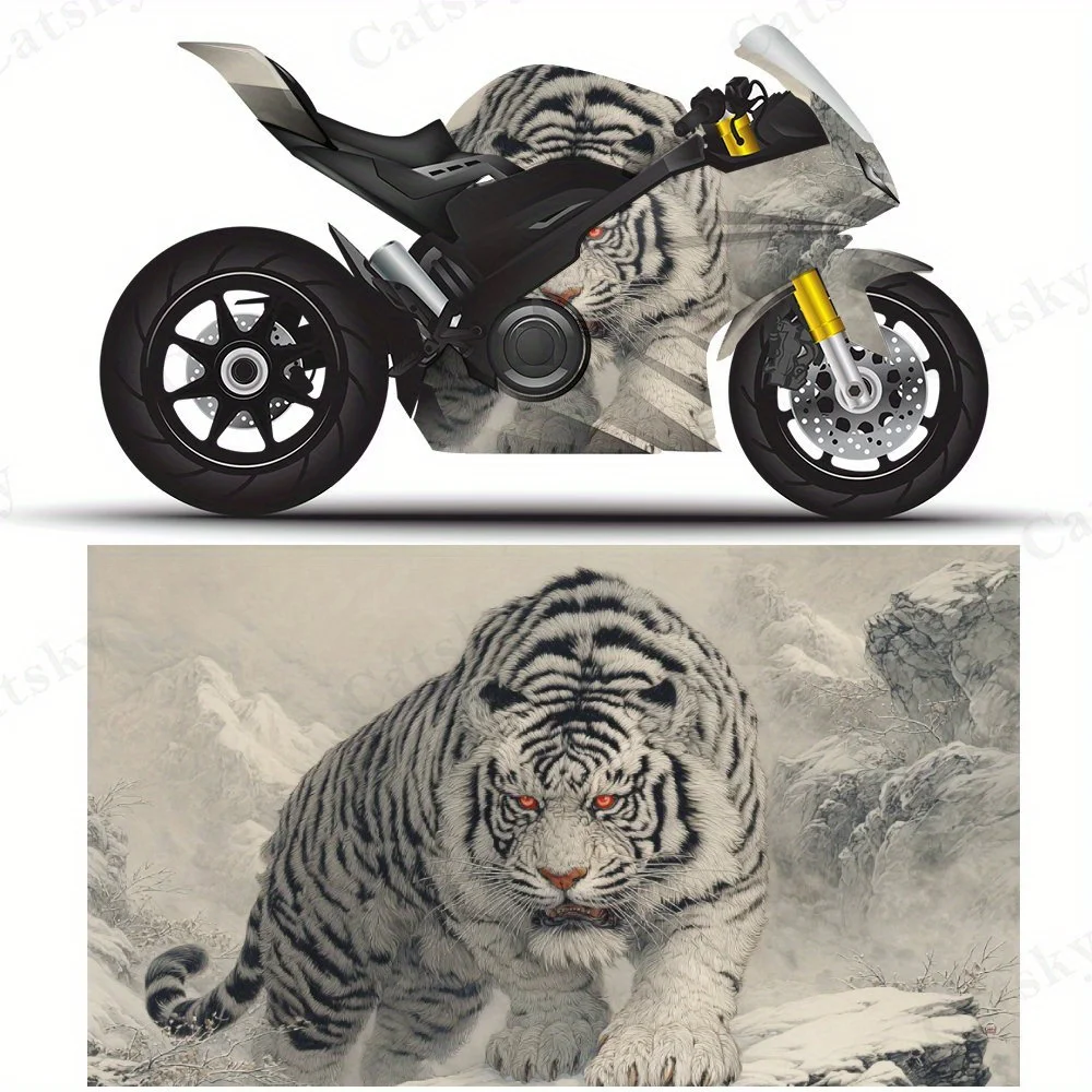 

Fierce Tiger on Snowy Mountain Motorcycle Film Stickers, Durable PVC Adhesive Decals for Motorcycle Customization, Weather-Resis