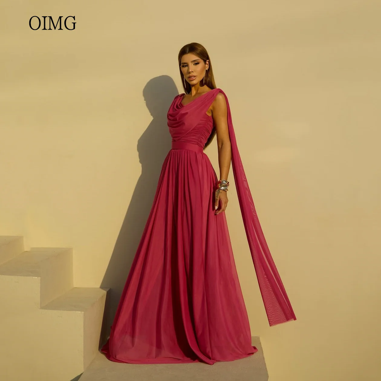 OIMG casquette fluide une ligne robes de bal dos nu froncé robe de soirée longueur de plancher robe de soirée vestidos de festa personnalisé