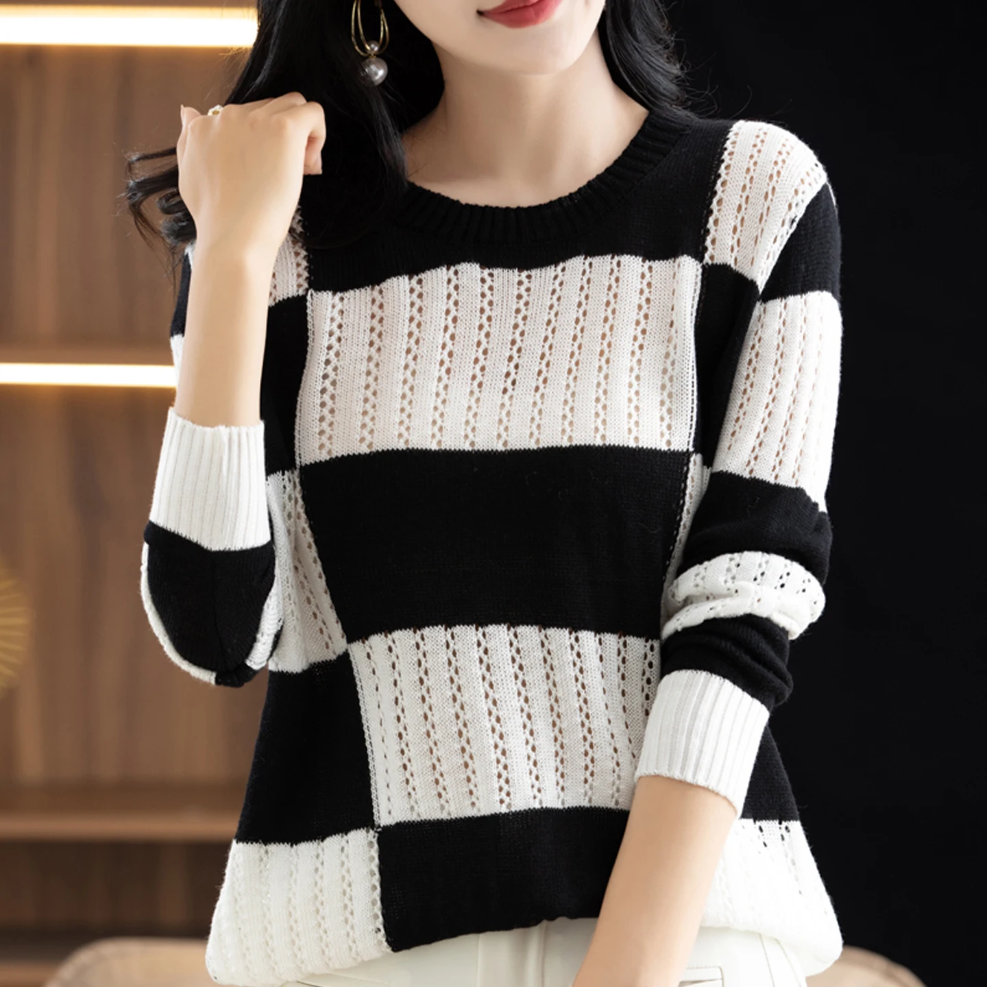 Long Sleeve Womens Top 100 Percent Wool Knit Sweater Checkerboard Lazy Style Heavy Industry Hollowed Out Round Neck Base Shirt