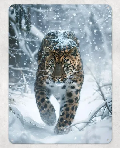 Leopard Snow Winter Scenery Metal Poster Wall Tin Sign Man Cave Shed Home Plaque --Tin Sign