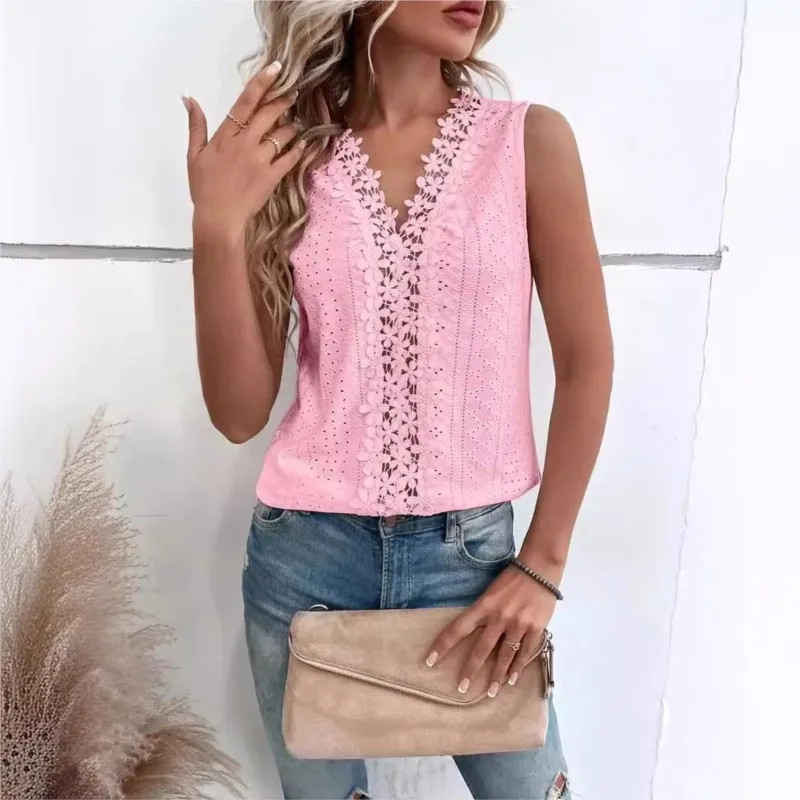 Summer New V-neck Patchwork Hollowed Out Lace Vest Top For Women Elegant Office Lady Sleeveless Solid Color Pullover Shirts