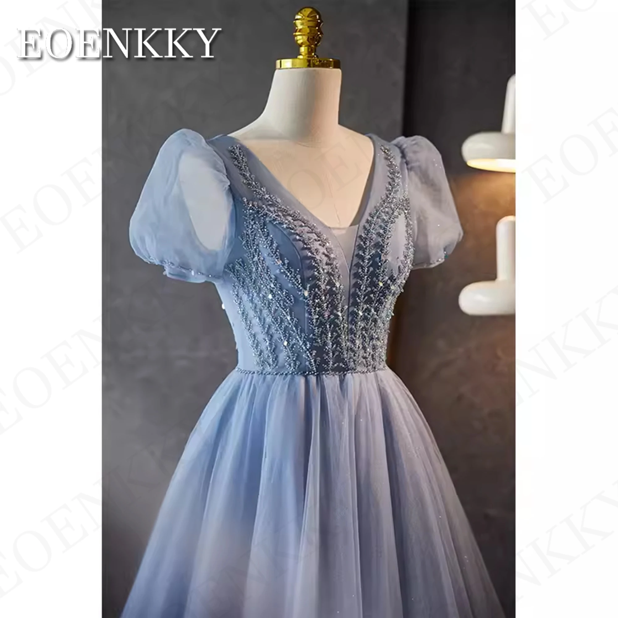 Glitter Princess Tulle Prom Dress Blue Puff Sleeves A Line Sparkly Birthday Dresses Luxury vestidos de fiesta Beading V Neck