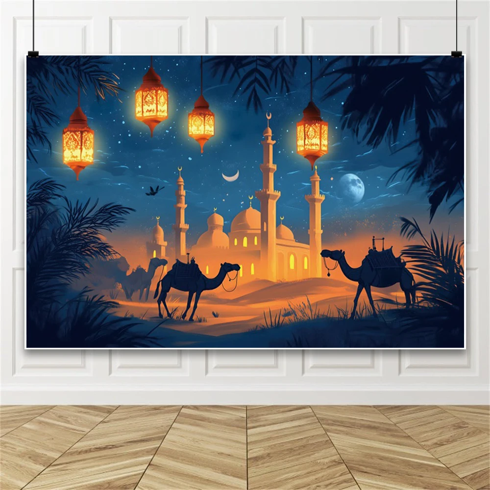 Eid Mubarak Photography Background Ramadan Night Mosque Muslim Islamic Camel Backdrop Photography Accessories Home Decorations
