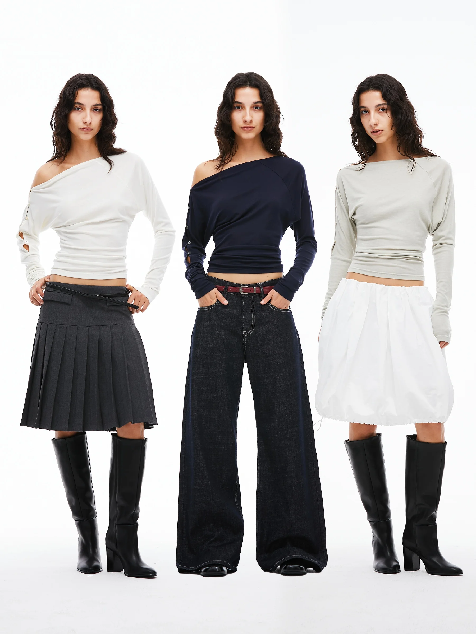 

Lal Product Wool Button Adjustable Design Two-Way Wear oulder irt Casual Sle Waist-Cinching Long Sve Top