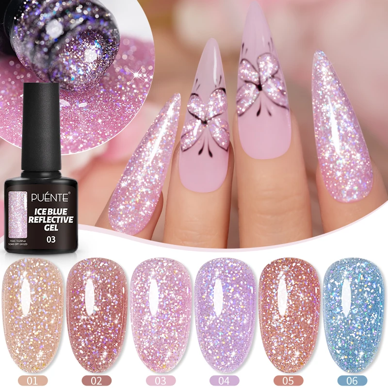 PUENTE 7.5ML Sparkling Ice Blue Reflective Glitter Gel Nail Polish Pink Blue Dimond Glitter Gel Soak Off UV Nail Art Varnish