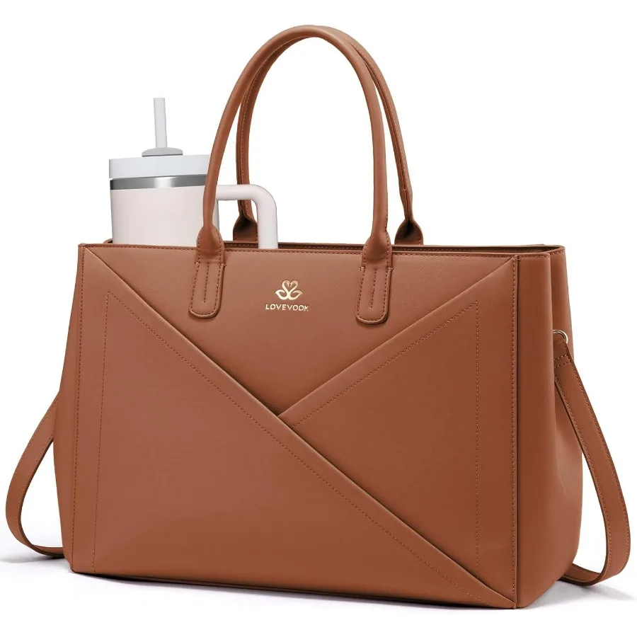 

Laptop Tote Bag for Women with Large Cup Holder 15.6 Inch PU Leather Work Bag Teacher Tote Bag Waterproof Computer Bags Busines