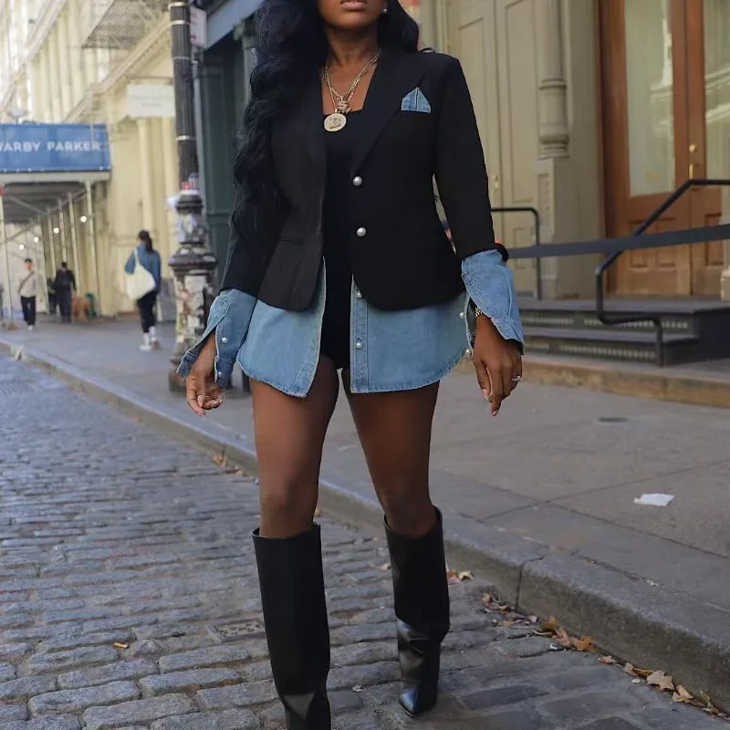 2025 New European and American Autumn Fashion Splicing Casual Denim Blazer For Women