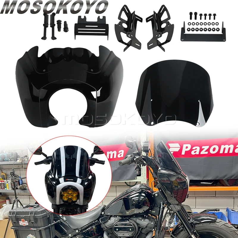 Motorcycle Club Style Headlight Fairing W/ Bracket For Baja Design LP6 Lights 15in Windshield For Harley Softail Softail Fat Bob view 3
