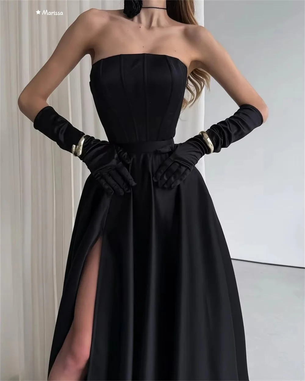 Marissa preto brilhante cetim vestidos elegantes femininos para ocasiões especiais a linha fenda lateral vestido de noite mulher feito sob encomenda baile de formatura