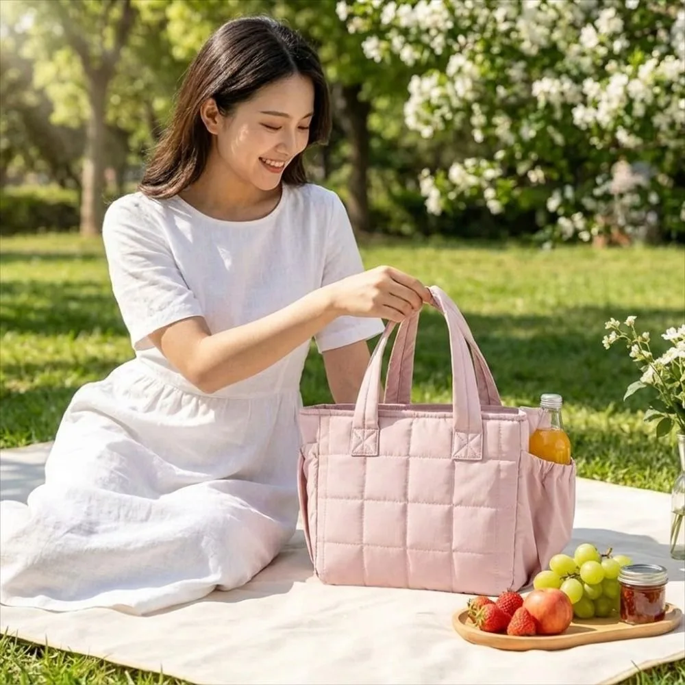 Solid Color Quilted Lunch Bag Portable Thickened Insulated Handbag with Bottle Pocket Waterproof Insulated Lunch Tote