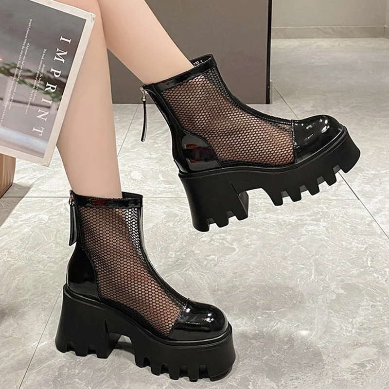 Black Gothic Style Platform Ankle Boots for Women Thick Bottom Breathable Summer Boots Woman 2023 Punk Chunky High Heels Booties