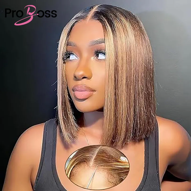 

Proboss Hair Glueless Wigs Wear And Go Straight Short Bob Human Hair Wigs #4/27 Highlight Wig Lace Closure Wig PrePlucked