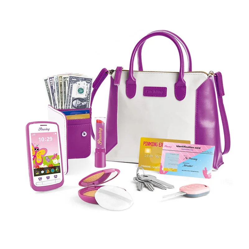 Kids Pretend Play Purse Handbag Set Complete Simulation Accessories Vegan Leather Safe Non‑toxic Play Cosmetic Girl Dress Up Toy