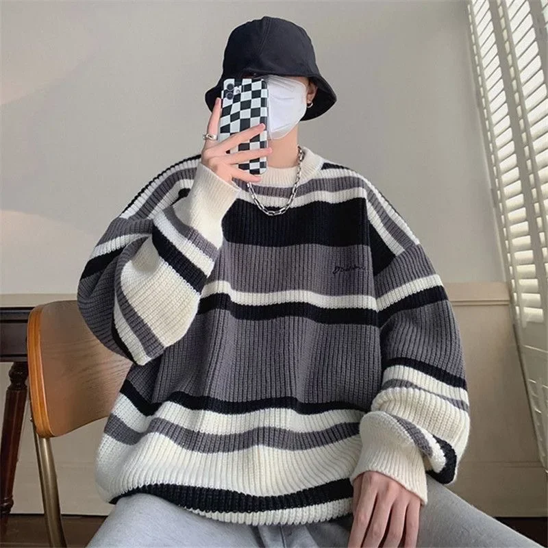 

Men's plus size Sweater Autumn Winter Striped Sweater All-match Outer Wear Men's Crewneck Sweater Hong Kong Style