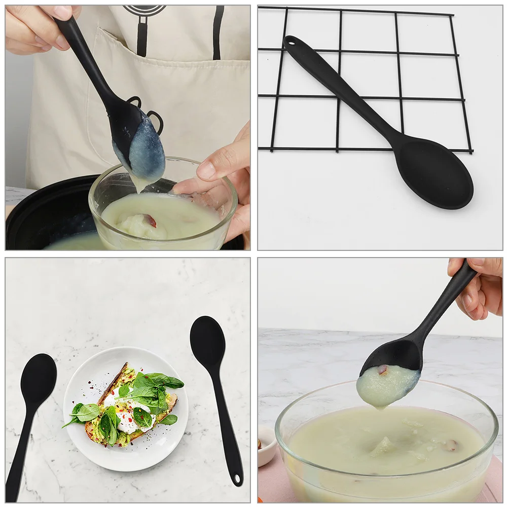 

Silicone Kitchen Spoon for Cooking Baking Stirring Mixing Black Nonstick Tool Portable Heat Resistant Soup Serving Spoons