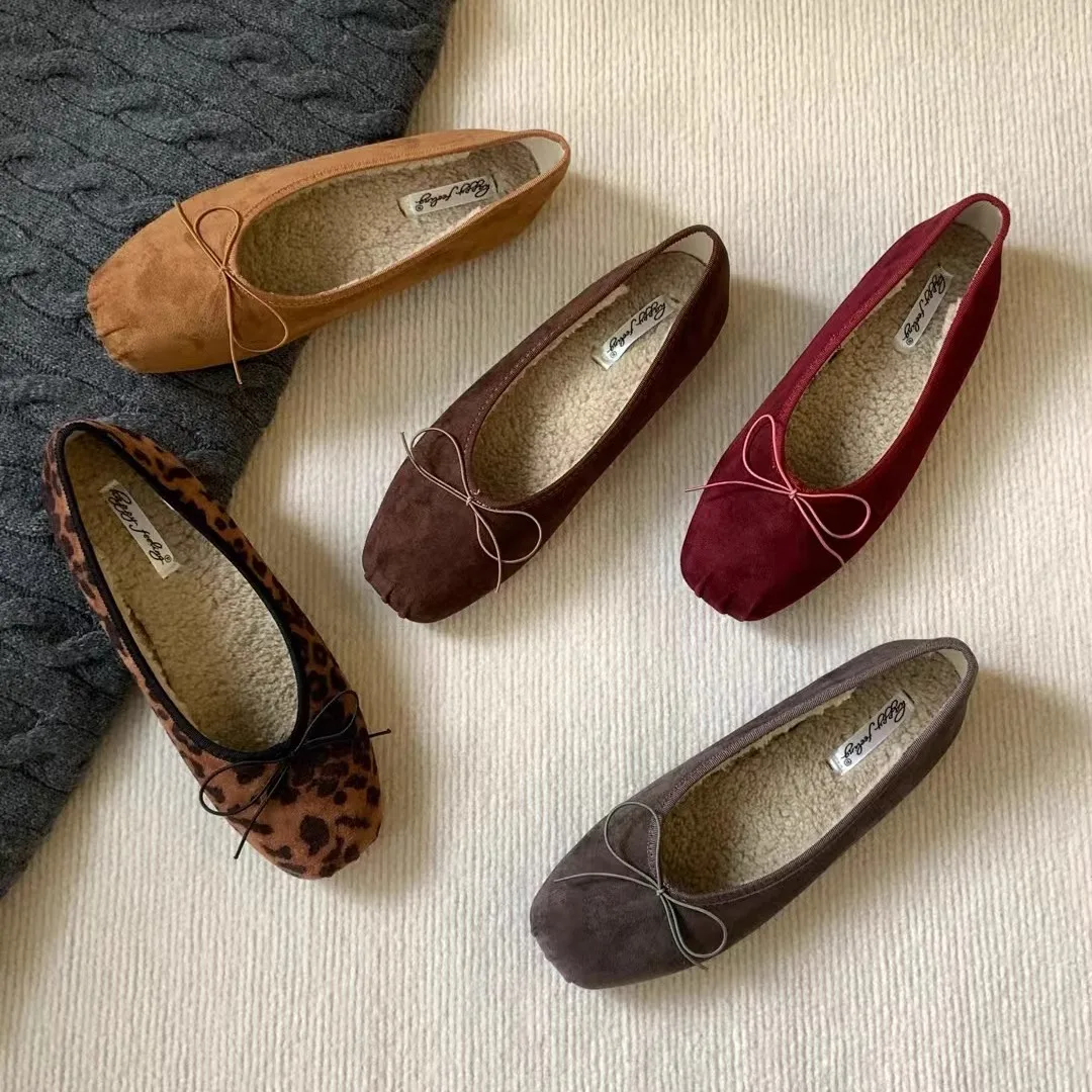 Soft Loafers Fur Boat Shoe Female Footwear Autumn Bow-Knot Dress Grandma Comfortable Fall Butterfly Winter New Flat  Shoes Woman