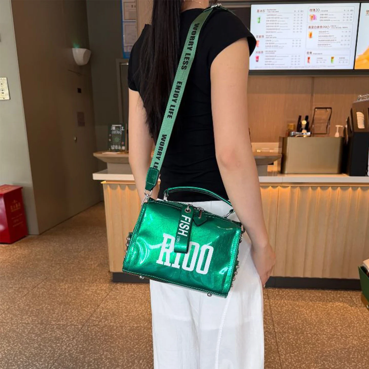 Women Letter Print Glossy PVC Jelly Pillow‑Shaped Multi‑way Handbag Water‑Resistant Crossbody Shoulder Bag Daily Casual Fashion