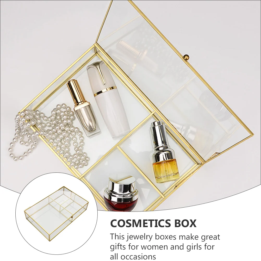 Desktop Storage Box Dresser Jewelry Boxes Case Shelf Glass Brass Holder Container