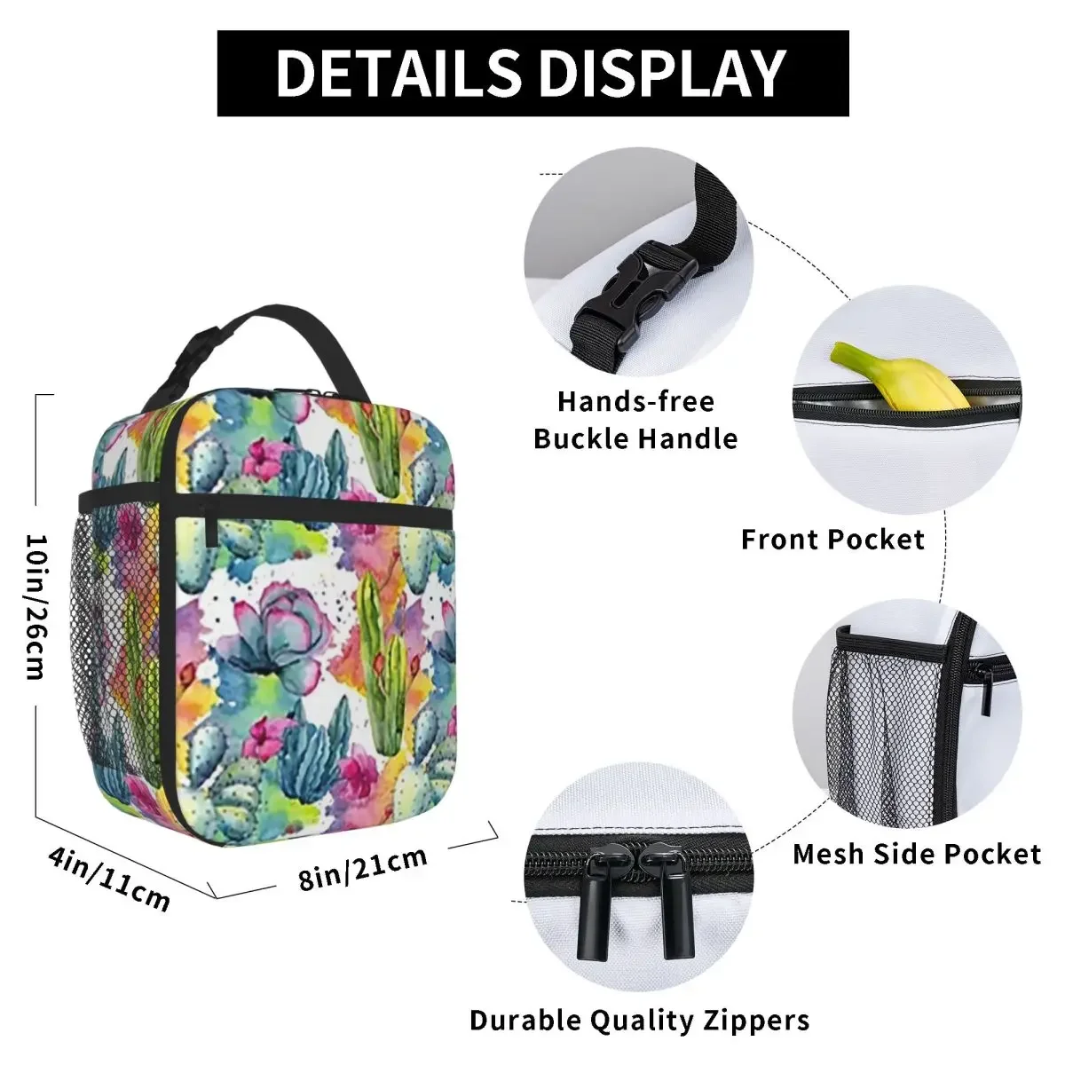 Exotic Wildflower Cactus Pattern Watercolor Style Stylish Insulated Lunch Bag for Women Kids Portable Food Boxes Lunch Box Tote