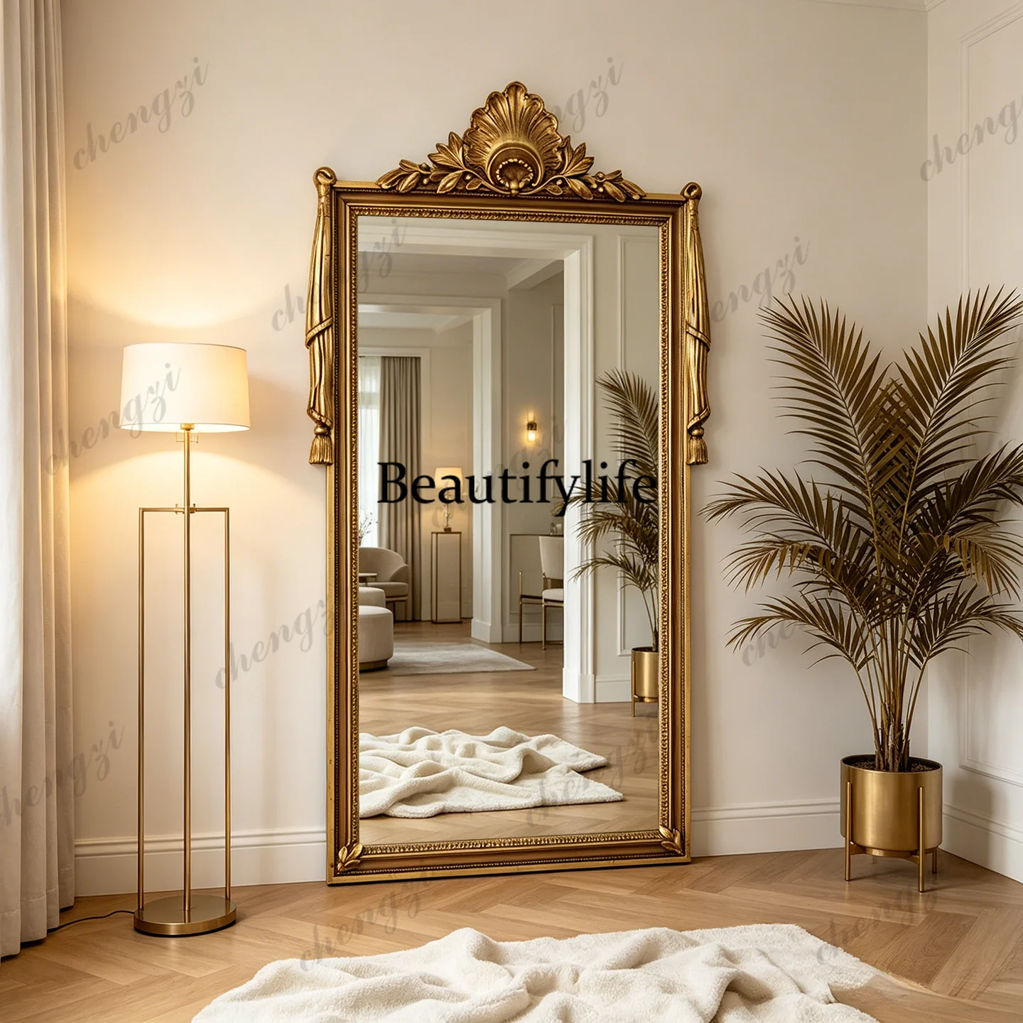 

French retro carved full-body mirror American cloakroom full-length mirror European living room floor-to-ceiling mirror
