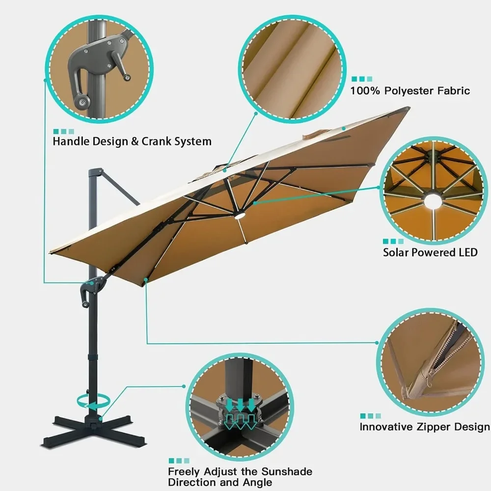 Outdoor umbrella, solar LED cantilever sunshade umbrella with 360 ° rotation and integrated tilted square bias sunshade umbrella